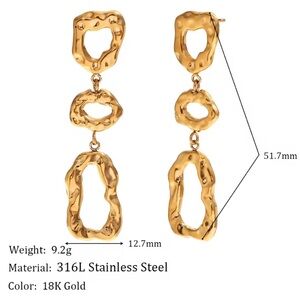 Hammered Gold Earrings Crumpled Brut Molten Metal  Drop Dangle MY02